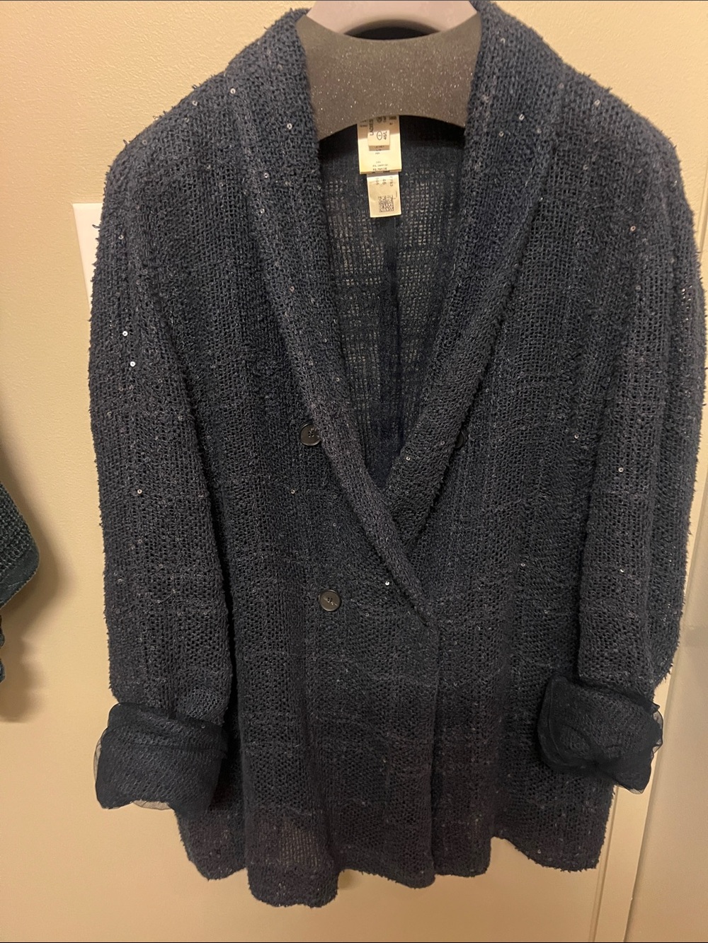 Double-Breasted Navy Sequin Knit Blazer
